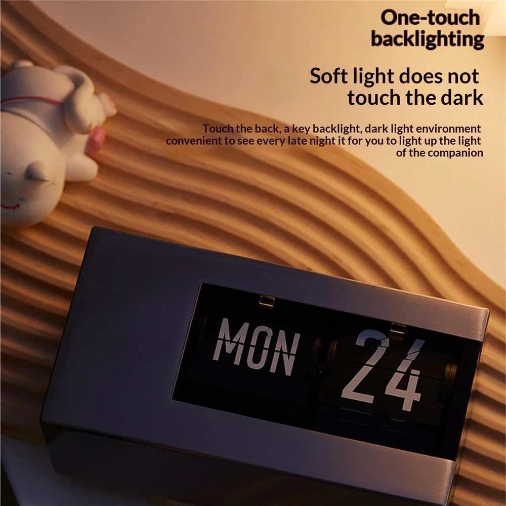 Flip Calendar Table Clock Desktop Decor Digital Display Auto-Page Turning 2000mAh Rechargeable Clip Clock for Home Office - Stainless Steel  /  White Pattern - 3