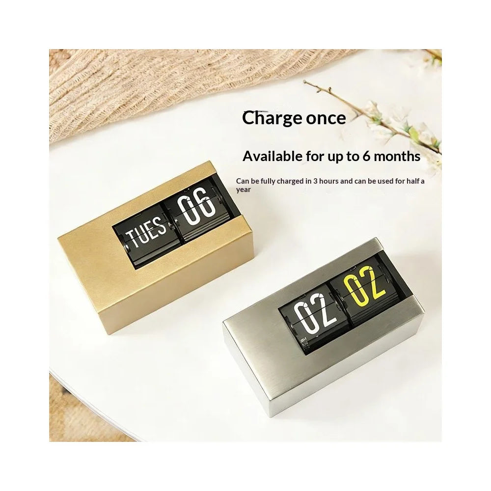 Flip Calendar Table Clock Desktop Decor Digital Display Auto-Page Turning 2000mAh Rechargeable Clip Clock for Home Office - Stainless Steel  /  White Pattern - 4