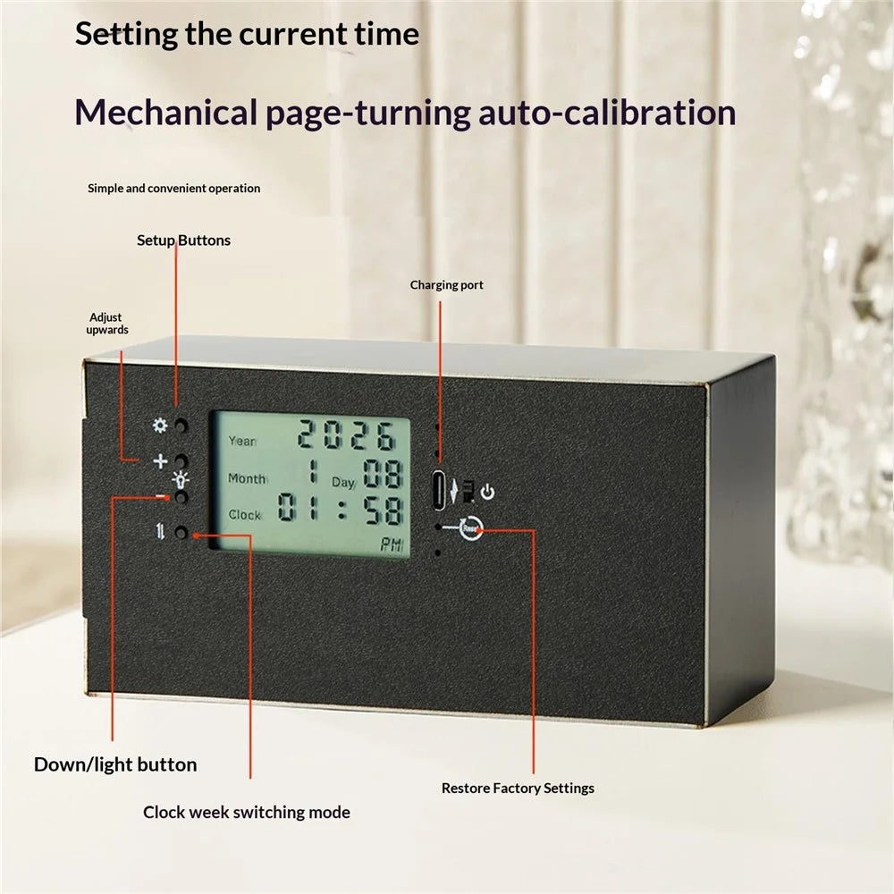 Flip Calendar Table Clock Desktop Decor Digital Display Auto-Page Turning 2000mAh Rechargeable Clip Clock for Home Office - Stainless Steel  /  White Pattern - 6