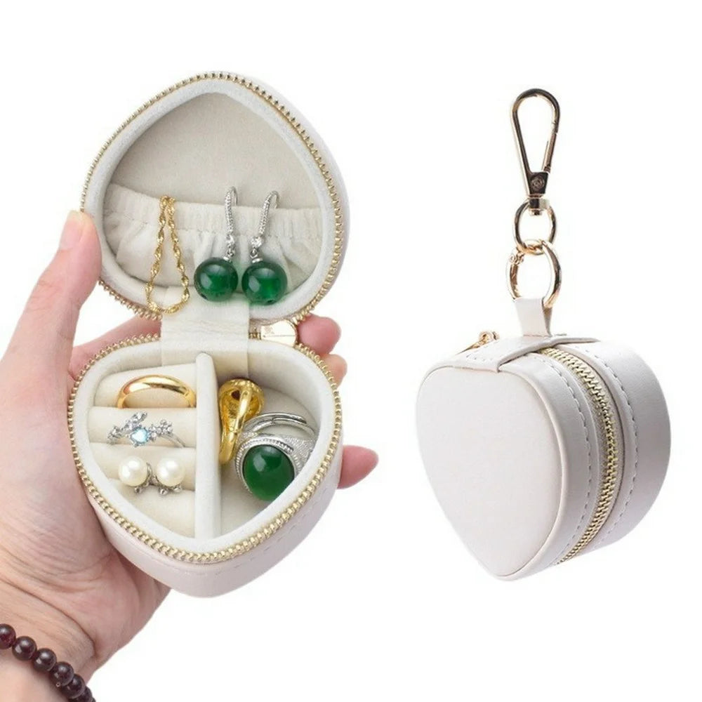 Heart Shape Portable Jewelry Box PU Leather Ring Earrings Travel Storage Organizer with Keychain - Beige - 1
