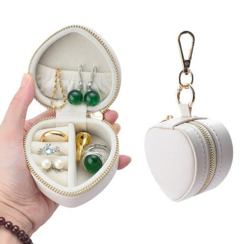 Heart Shape Portable Jewelry Box PU Leather Ring Earrings Travel Storage Organizer with Keychain - Beige - 1