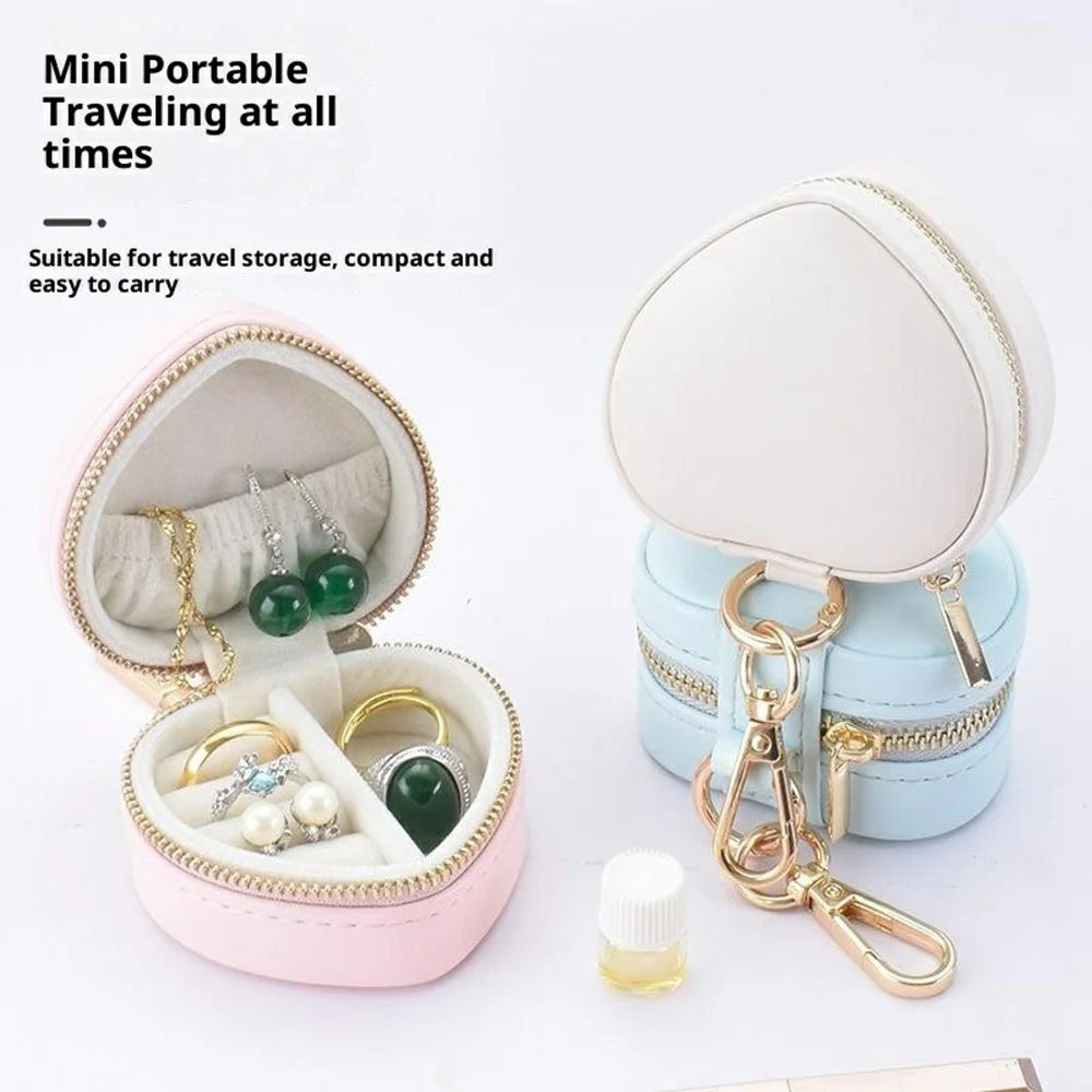 Heart Shape Portable Jewelry Box PU Leather Ring Earrings Travel Storage Organizer with Keychain - Beige - 2