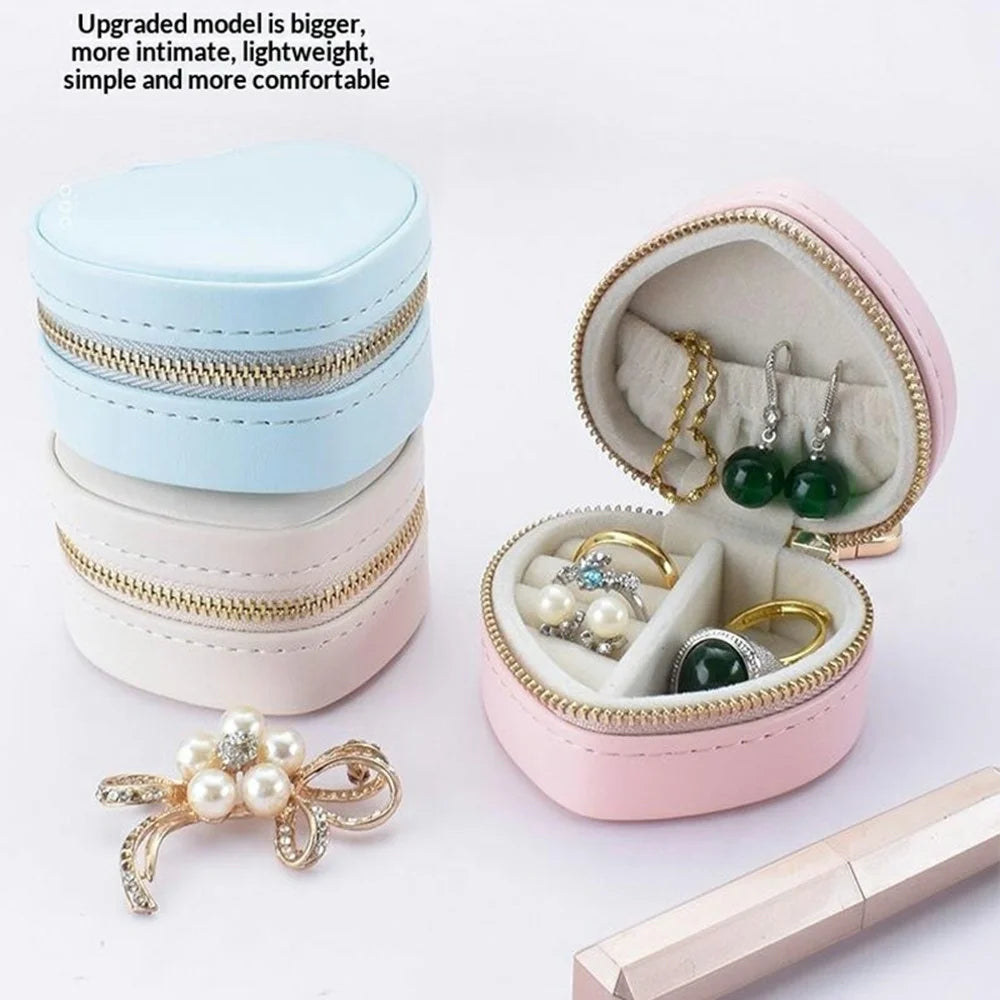 Heart Shape Portable Jewelry Box PU Leather Ring Earrings Travel Storage Organizer with Keychain - Beige - 3