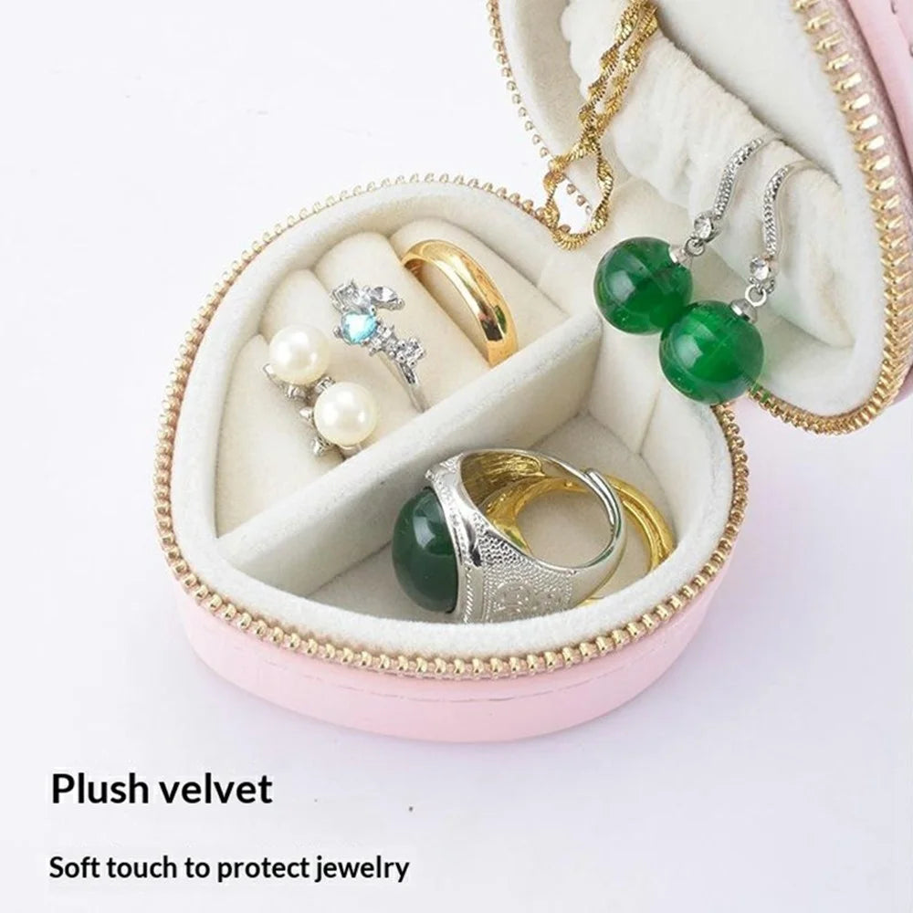 Heart Shape Portable Jewelry Box PU Leather Ring Earrings Travel Storage Organizer with Keychain - Beige - 4