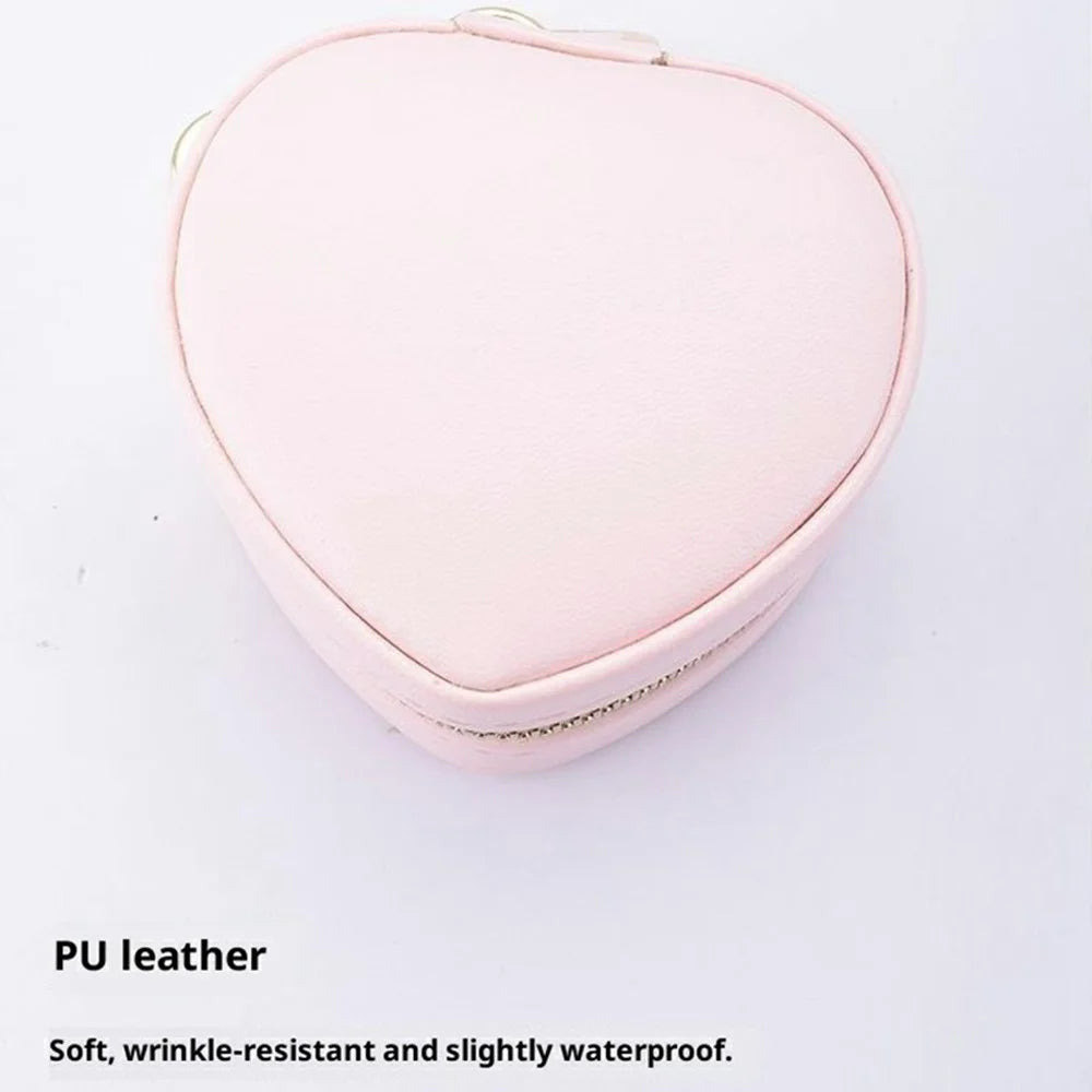 Heart Shape Portable Jewelry Box PU Leather Ring Earrings Travel Storage Organizer with Keychain - Beige - 5
