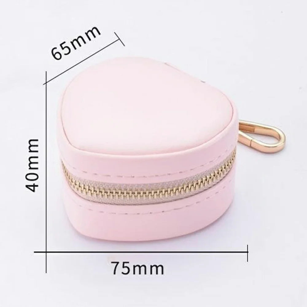 Heart Shape Portable Jewelry Box PU Leather Ring Earrings Travel Storage Organizer with Keychain - Beige - 7