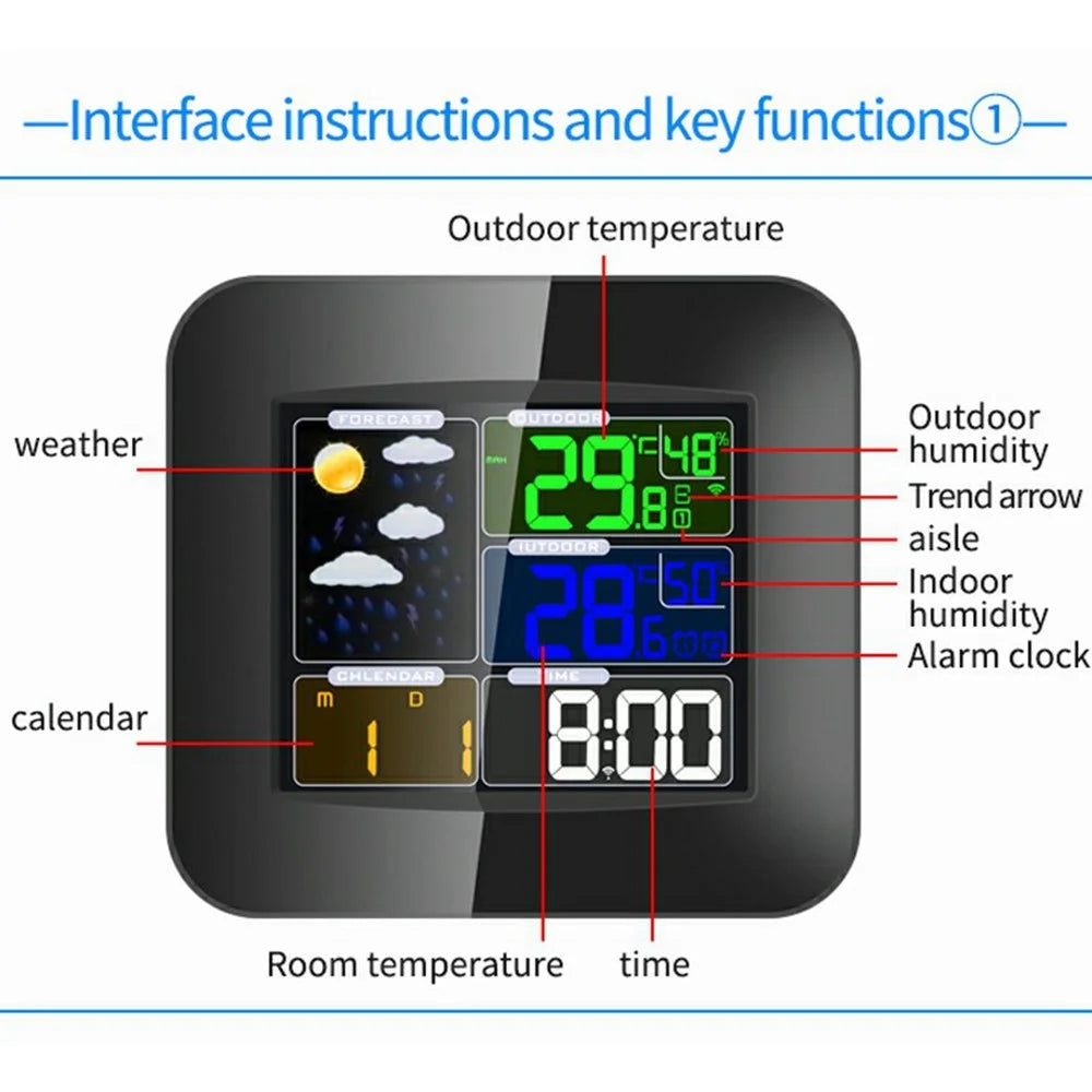 TS-75-US Wireless Weather Station Color LCD Indoor Outdoor Thermometer Hygrometer Desktop Clock Weather Monitoring Digital Clock - Black - 7