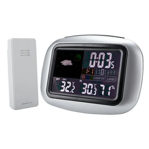 TS-77 Wireless Color Weather Station Indoor Outdoor Thermometer Hygrometer Alarm Clock 3 Sensors Weather Monitoring Clocks - Silver - 1