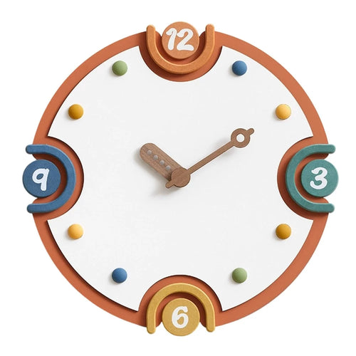 Modern Minimalist Wall Clock Pine MDF Walnut Hands Colorful Hour Markers Decorative Clock for Living Room Bedroom - Orange - 1