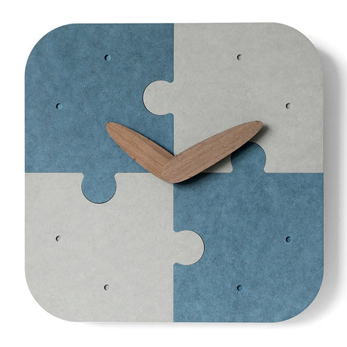 Square Wall Clock Color-Blocked Puzzle Panel Silent Movement Wooden Hands Decorative Clock for Living Room - Blue - 1