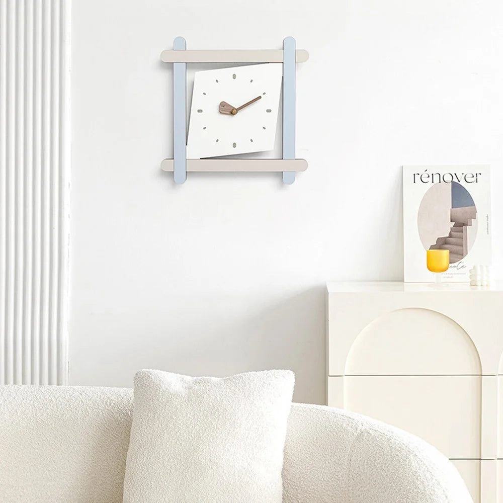 Contrast Square Wall Clock Silent Movement Pine MDF Walnut Pointer Decorative Clock for Living Room - Sky Blue - 3