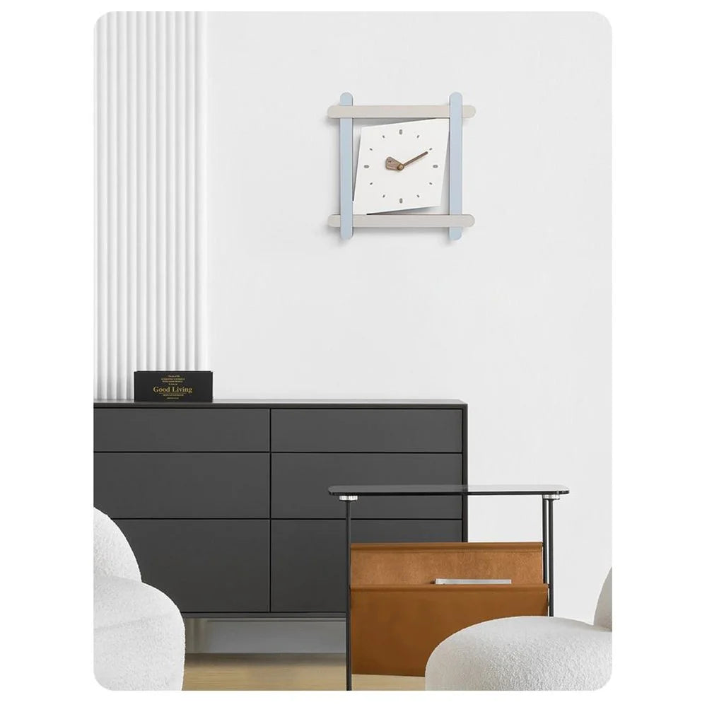 Contrast Square Wall Clock Silent Movement Pine MDF Walnut Pointer Decorative Clock for Living Room - Sky Blue - 4
