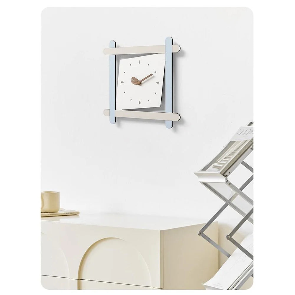 Contrast Square Wall Clock Silent Movement Pine MDF Walnut Pointer Decorative Clock for Living Room - Sky Blue - 5