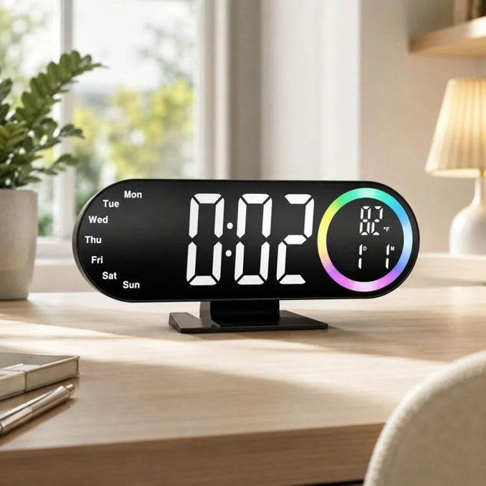 RGB Mirror LED Digital Alarm Clock Large Display Multi-Color Ambient Light Temperature Desk Clock for Bedroom Office - White Light - 1