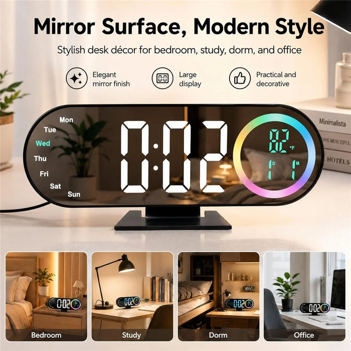 RGB Mirror LED Digital Alarm Clock Large Display Multi-Color Ambient Light Temperature Desk Clock for Bedroom Office - White Light - 2
