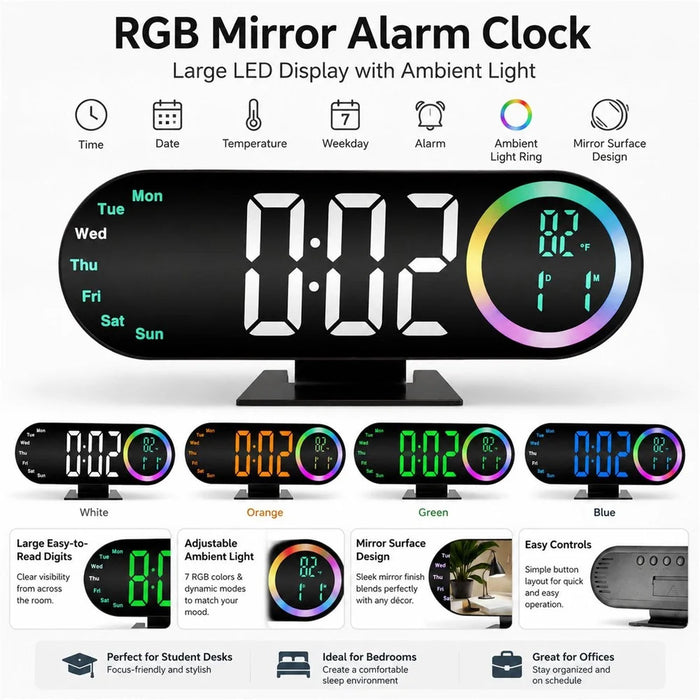 RGB Mirror LED Digital Alarm Clock Large Display Multi-Color Ambient Light Temperature Desk Clock for Bedroom Office - White Light - 5