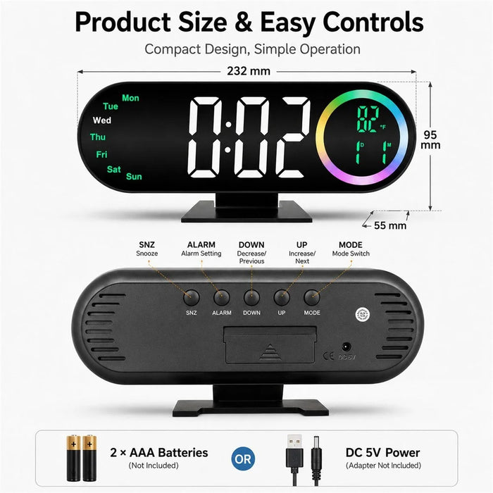 RGB Mirror LED Digital Alarm Clock Large Display Multi-Color Ambient Light Temperature Desk Clock for Bedroom Office - White Light - 6