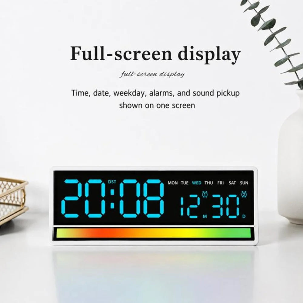 LED Digital Alarm Clock Large Display Sound Pickup RGB Light USB Output Time Date Week Temperature Desk Clock - 6675  /  Black Shell White Light - 3