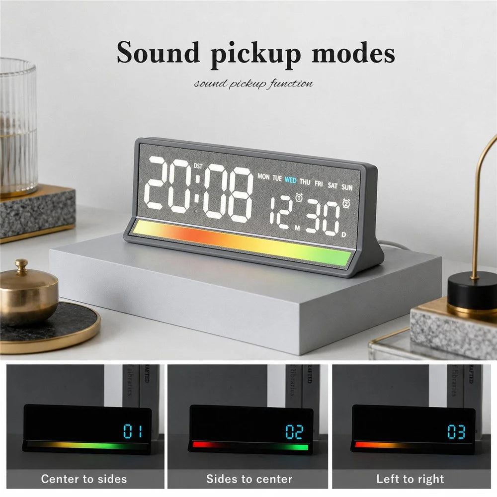 LED Digital Alarm Clock Large Display Sound Pickup RGB Light USB Output Time Date Week Temperature Desk Clock - 6675  /  Black Shell White Light - 4