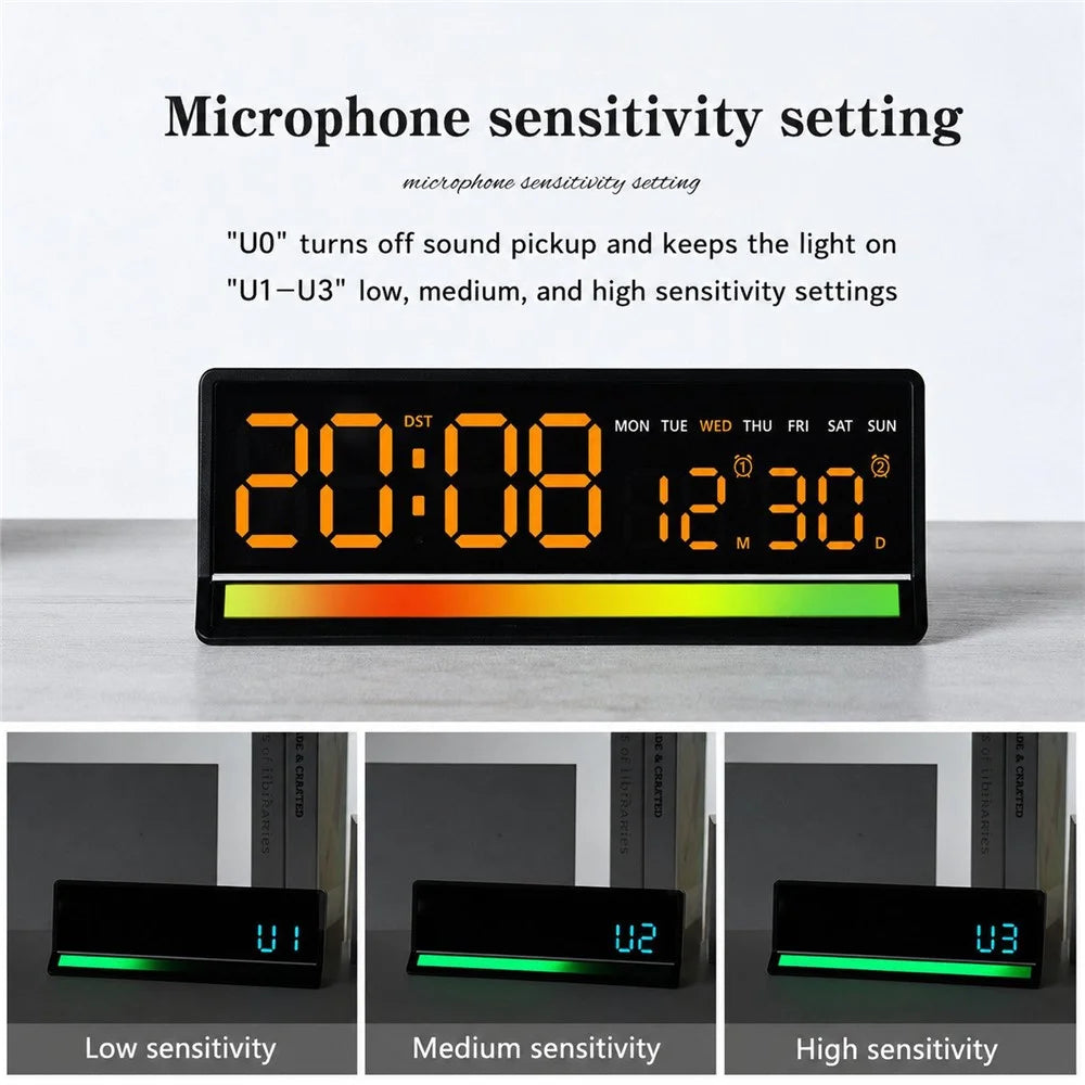 LED Digital Alarm Clock Large Display Sound Pickup RGB Light USB Output Time Date Week Temperature Desk Clock - 6675  /  Black Shell White Light - 6