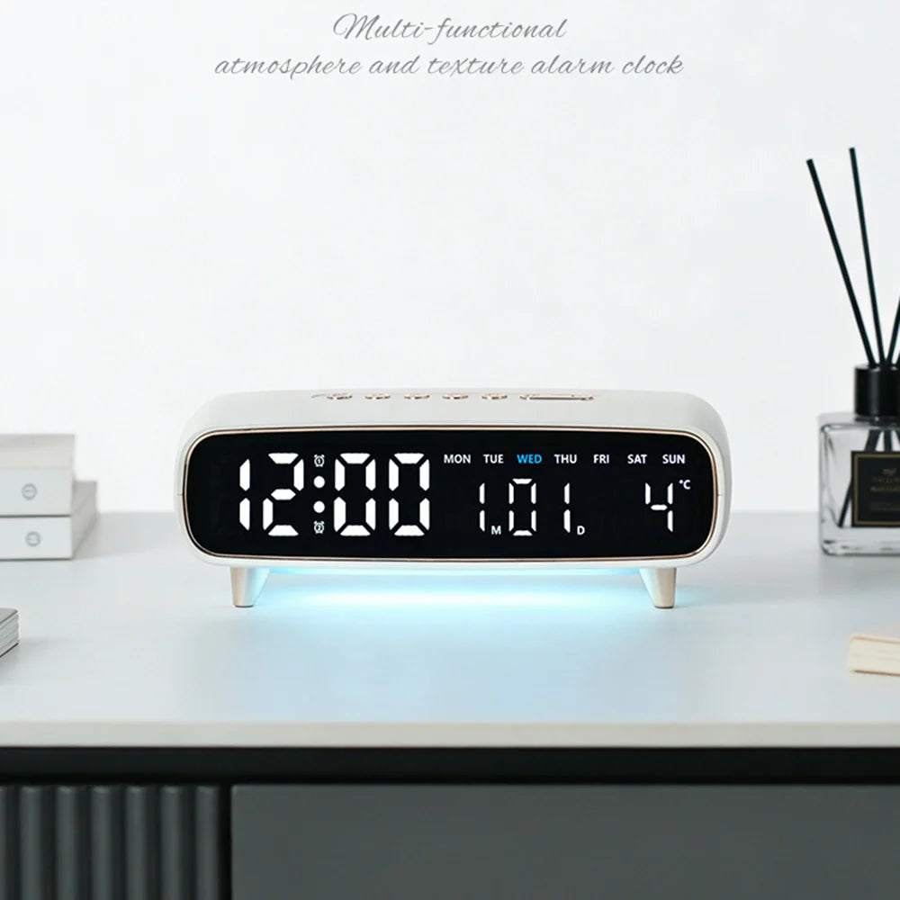 2819 Temperature Display LED Digital Clock Multifunctional Alarm Clock with Atmosphere Light - White - 2