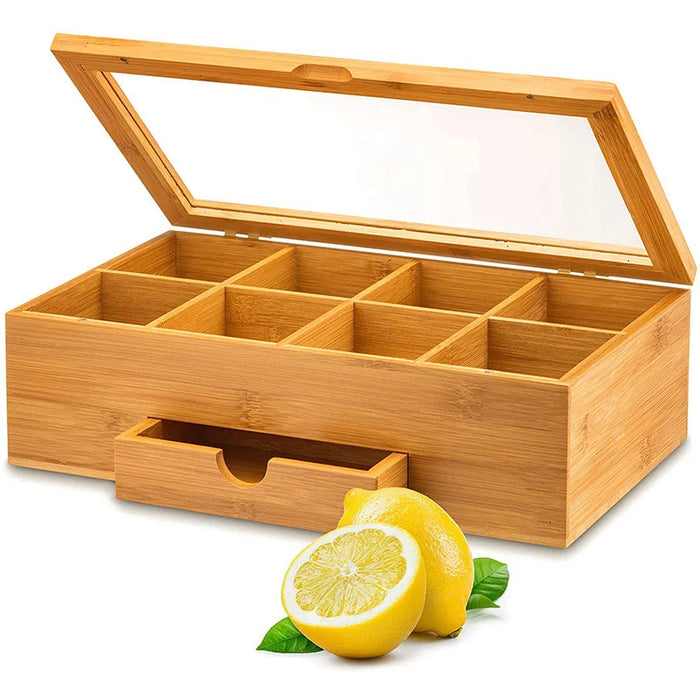 Acrylic Clear Lid Bamboo Tea Box 8 Compartments Storage Organizer with Drawer for Tea Bags - Bamboo Color - 1
