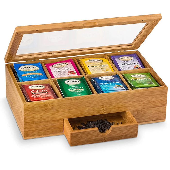 Acrylic Clear Lid Bamboo Tea Box 8 Compartments Storage Organizer with Drawer for Tea Bags - Bamboo Color - 2
