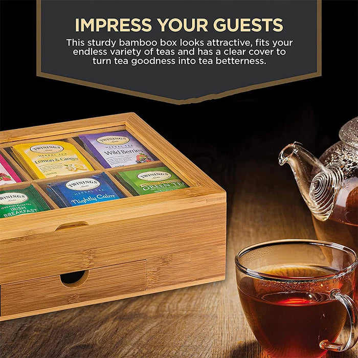 Acrylic Clear Lid Bamboo Tea Box 8 Compartments Storage Organizer with Drawer for Tea Bags - Bamboo Color - 3