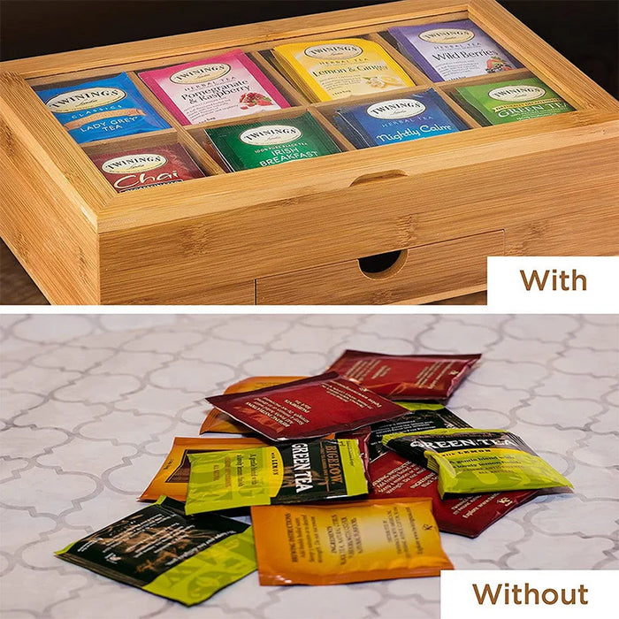 Acrylic Clear Lid Bamboo Tea Box 8 Compartments Storage Organizer with Drawer for Tea Bags - Bamboo Color - 4