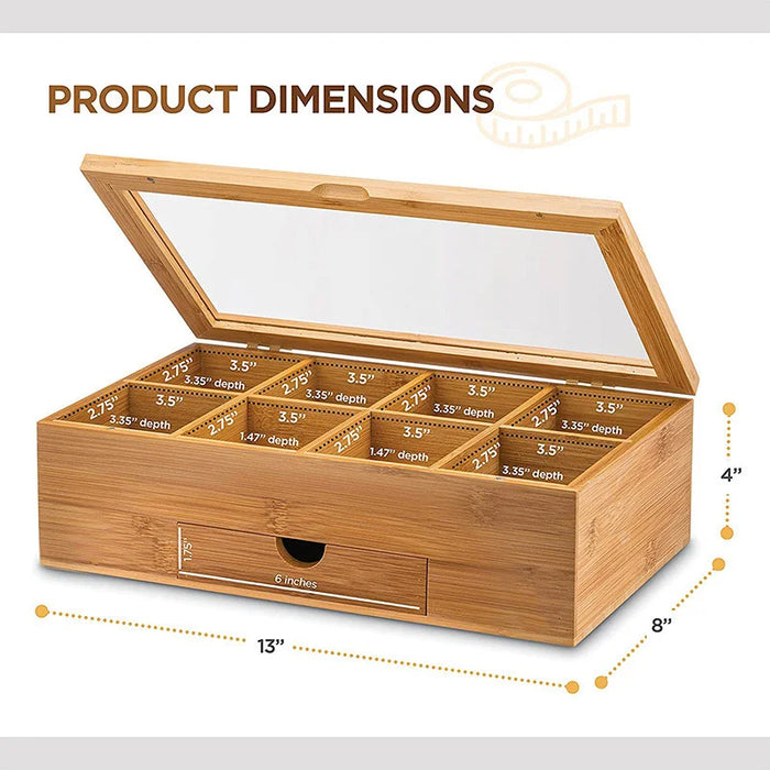 Acrylic Clear Lid Bamboo Tea Box 8 Compartments Storage Organizer with Drawer for Tea Bags - Bamboo Color - 5