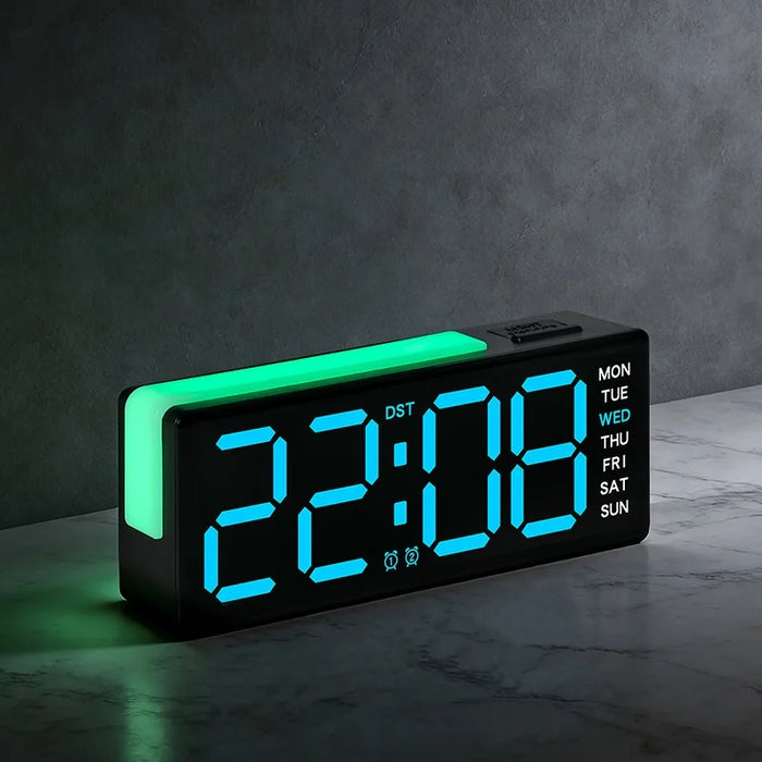 LED Digital Clock Large Display Alarm Clock with Atmosphere Light Desk Clock for Bedroom Office - 5525 Black Shell Blue Light - 2