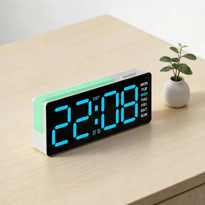 LED Digital Clock Large Display Alarm Clock with Atmosphere Light Desk Clock for Bedroom Office - 5525 Black Shell Blue Light - 3
