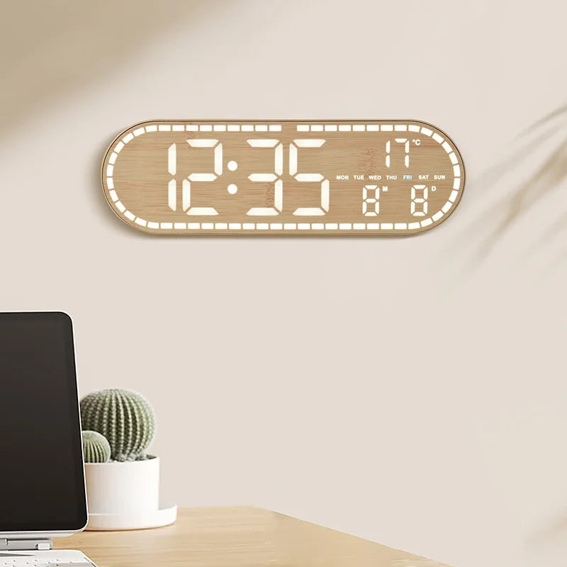 GH8053 Wooden LED Digital Clock Multifunctional Table Wall Mount Alarm Clock with Temperature Display - Wood Grain Imitation/Yellow - 2
