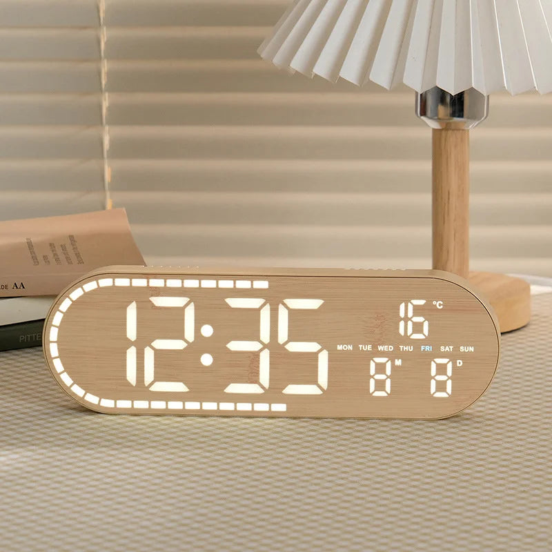 GH8053 Wooden LED Digital Clock Multifunctional Table Wall Mount Alarm Clock with Temperature Display - Wood Grain Imitation/Yellow - 3