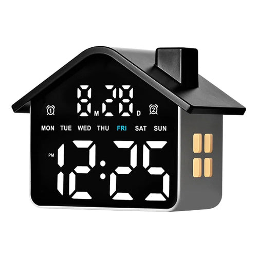 LED Digital Alarm Clock House Shape Electronic Clock Multi-function Desktop Clock with Night Light - GH9033 Black+White Light - 1