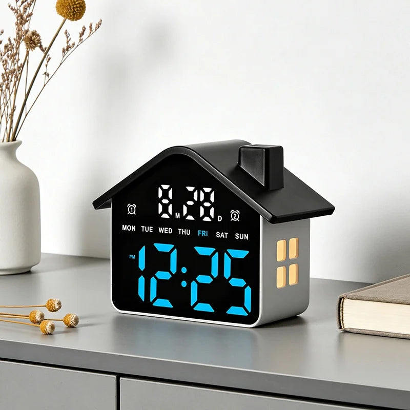 LED Digital Alarm Clock House Shape Electronic Clock Multi-function Desktop Clock with Night Light - GH9033 Black+White Light - 2