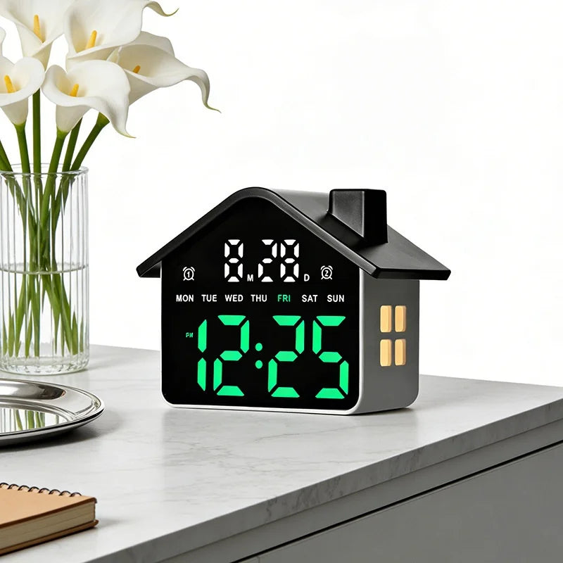 LED Digital Alarm Clock House Shape Electronic Clock Multi-function Desktop Clock with Night Light - GH9033 Black+White Light - 3