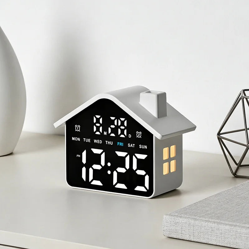 LED Digital Alarm Clock House Shape Electronic Clock Multi-function Desktop Clock with Night Light - GH9033 Black+White Light - 4