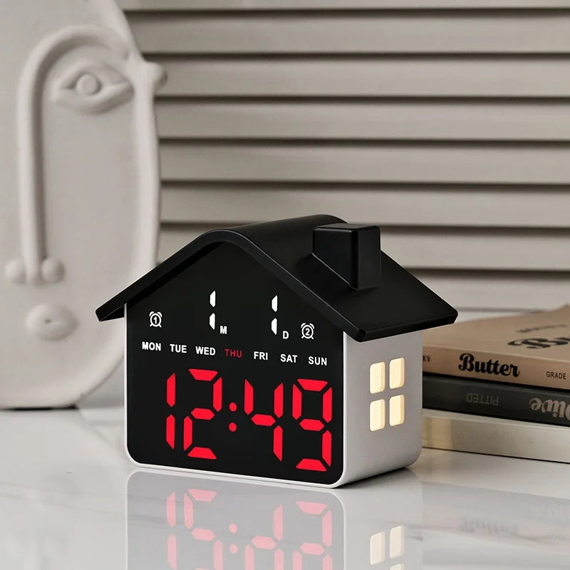 LED Digital Alarm Clock House Shape Electronic Clock Multi-function Desktop Clock with Night Light - GH9033 Black+White Light - 5