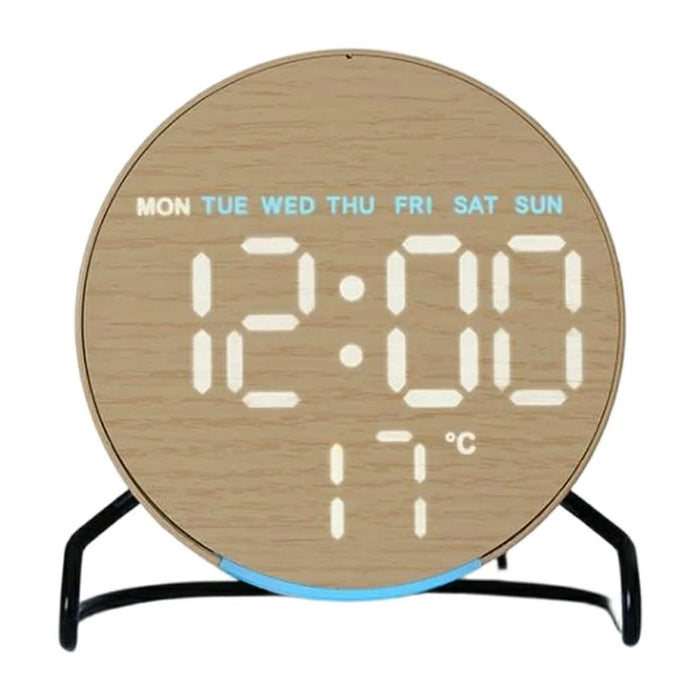 LED Digital Desk Clock Metal Stand Ambient Light Countdown Timer Temperature Bedside Alarm Clock - 2815 Round Shape  /  Yellow - 1