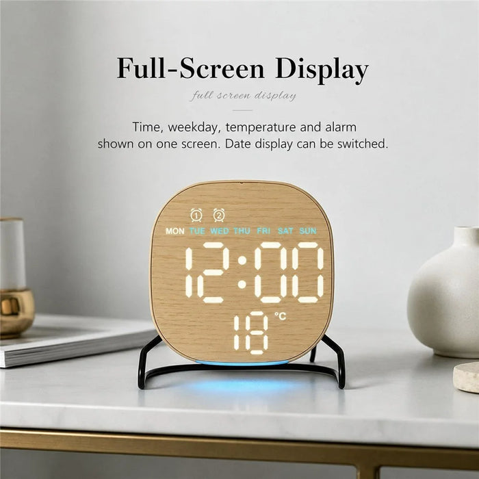 LED Digital Desk Clock Metal Stand Ambient Light Countdown Timer Temperature Bedside Alarm Clock - 2815 Round Shape  /  Yellow - 2