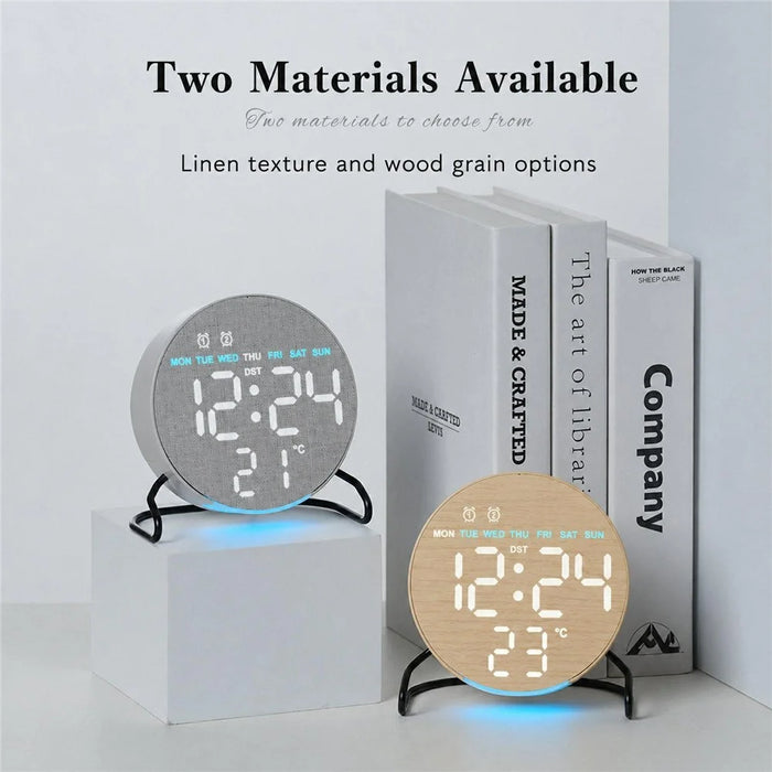 LED Digital Desk Clock Metal Stand Ambient Light Countdown Timer Temperature Bedside Alarm Clock - 2815 Round Shape  /  Yellow - 7
