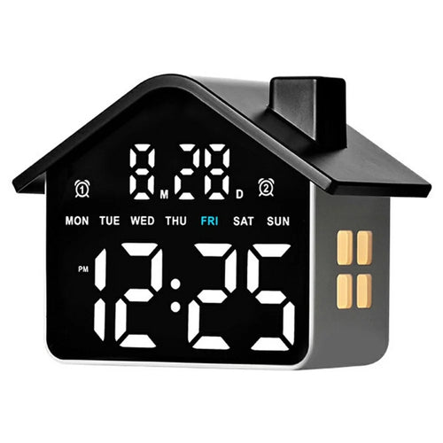 House Shaped LED Digital Alarm Clock with Night Light Dual Alarms 4-Level Brightness Bedside Clock - GH9033 Black  /  White Light - 1