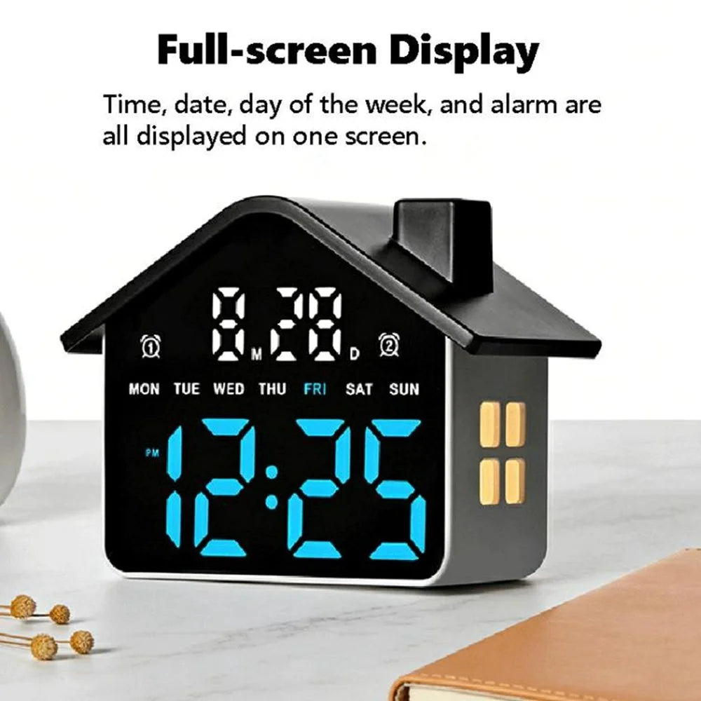 House Shaped LED Digital Alarm Clock with Night Light Dual Alarms 4-Level Brightness Bedside Clock - GH9033 Black  /  White Light - 2