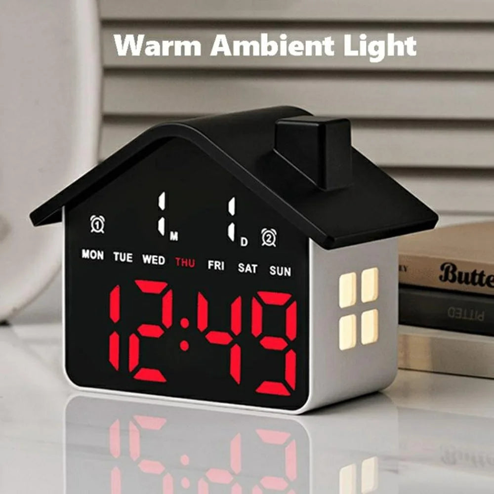 House Shaped LED Digital Alarm Clock with Night Light Dual Alarms 4-Level Brightness Bedside Clock - GH9033 Black  /  White Light - 3