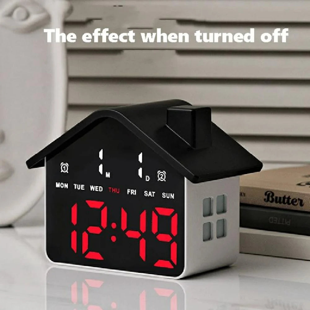 House Shaped LED Digital Alarm Clock with Night Light Dual Alarms 4-Level Brightness Bedside Clock - GH9033 Black  /  White Light - 4