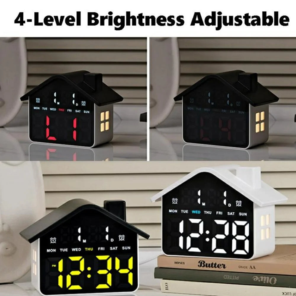 House Shaped LED Digital Alarm Clock with Night Light Dual Alarms 4-Level Brightness Bedside Clock - GH9033 Black  /  White Light - 5