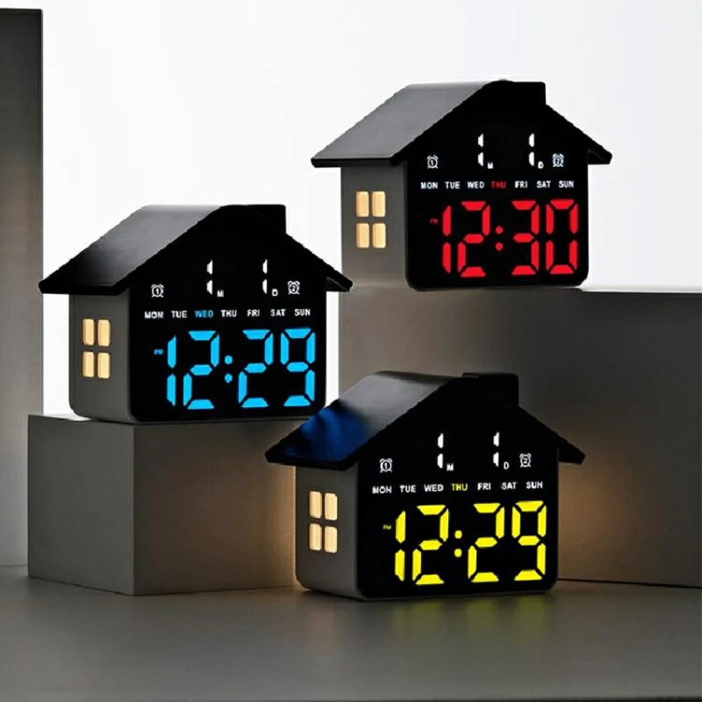 House Shaped LED Digital Alarm Clock with Night Light Dual Alarms 4-Level Brightness Bedside Clock - GH9033 Black  /  White Light - 7