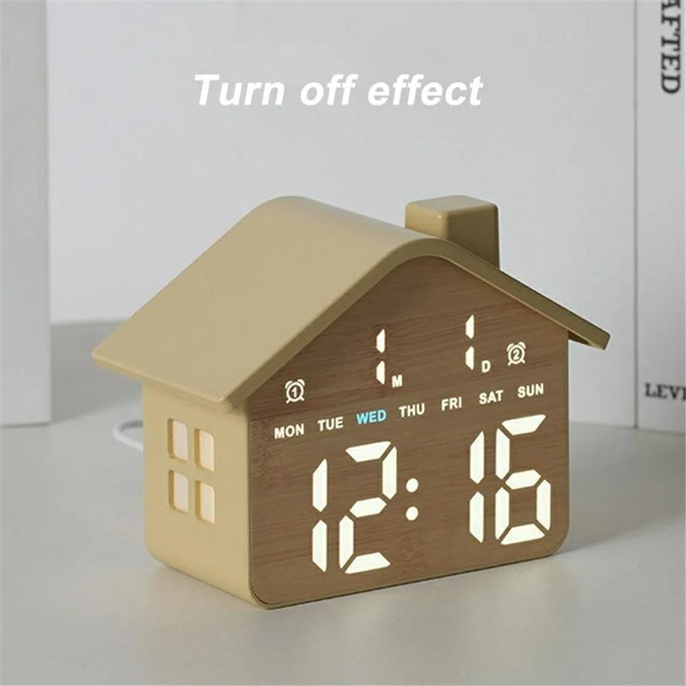 House Shaped Digital Alarm Clock LED Night Light Dual Alarm 4-Level Brightness Bedside Table Clock - GH8063  /  Yellow - 2