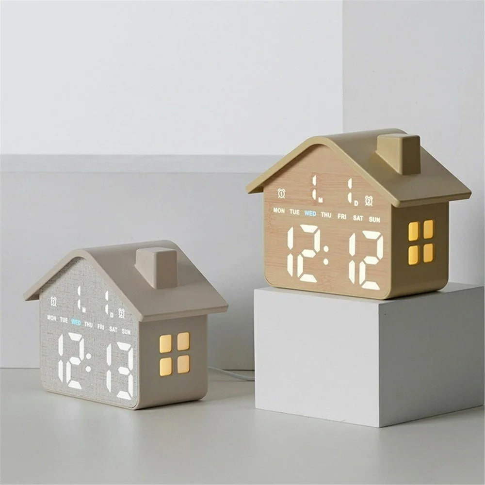 House Shaped Digital Alarm Clock LED Night Light Dual Alarm 4-Level Brightness Bedside Table Clock - GH8063  /  Yellow - 6